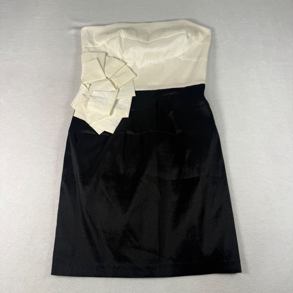 Jessica McClintock Dress 12P Black White Satin Strapless Bow Cocktail Party